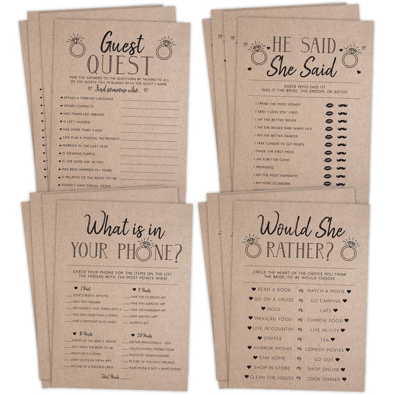 Your Main Event Prints Wedding Bridal Shower Games, Fun Activities, Kraft Minimalist Style - Guest Quest, He Said She Said, What's in Your Phone and Would She Rather - Image 1